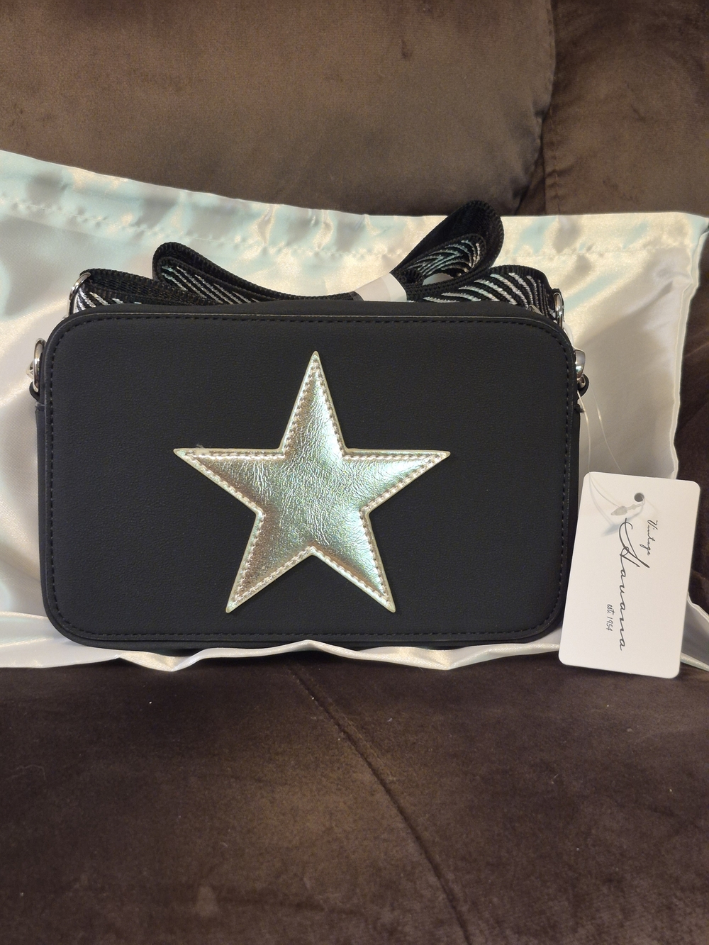 Genuine Vintage Havana Black Crossbody Bag with Metallic Star
